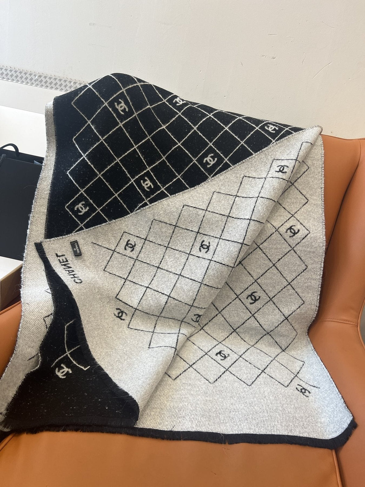Chanel Black & Ivory Grid Shawl