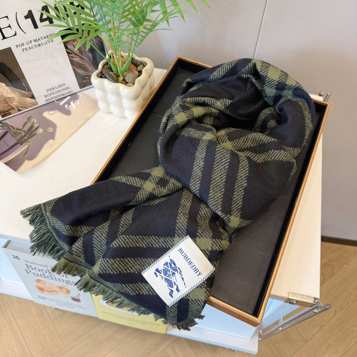 Burberry Black and Olive Green Plaid Scarf