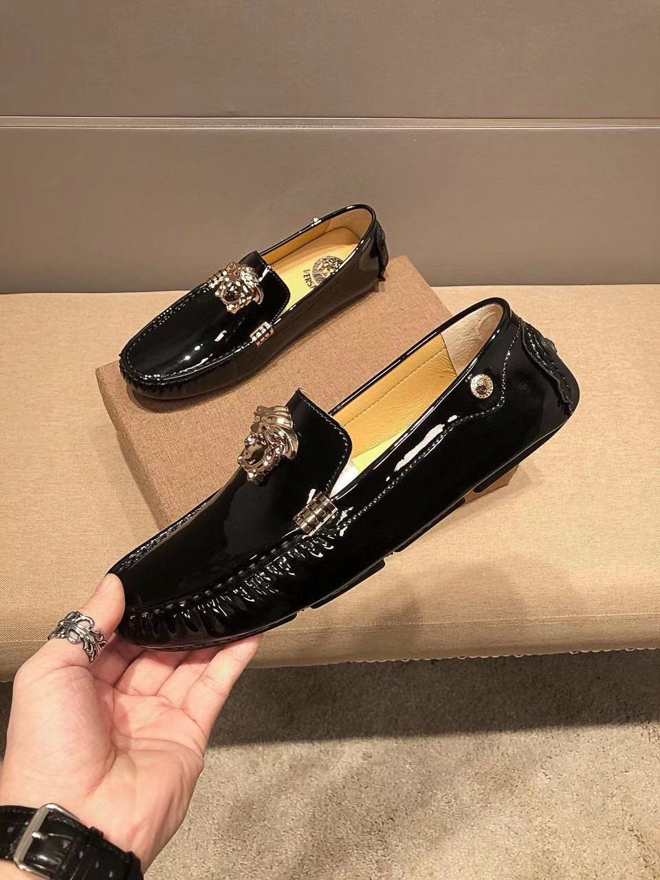 Versace Men's Black Patent Leather Medusa-Style Loafers