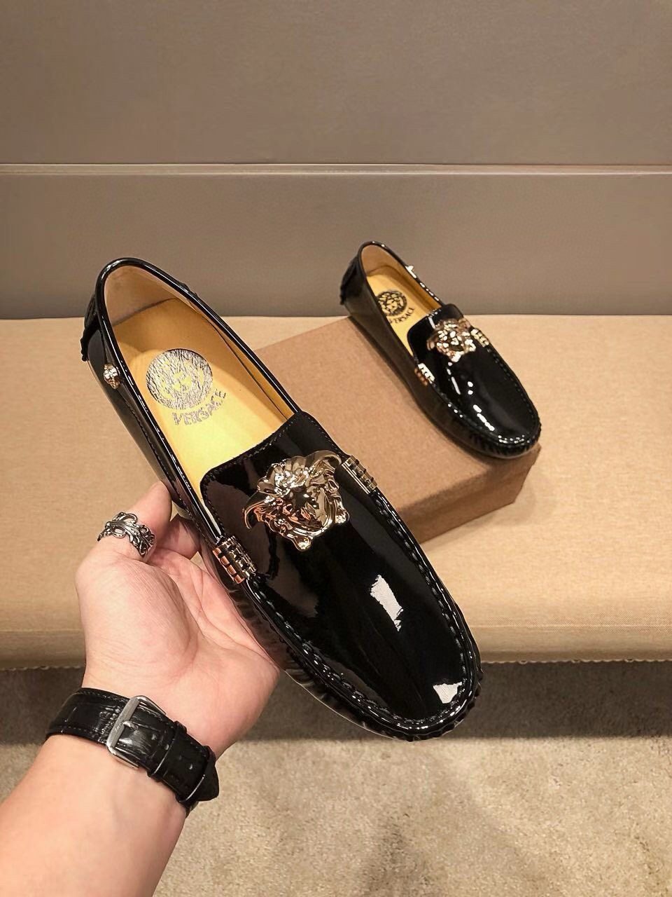 Versace Men's Black Patent Leather Medusa-Style Loafers