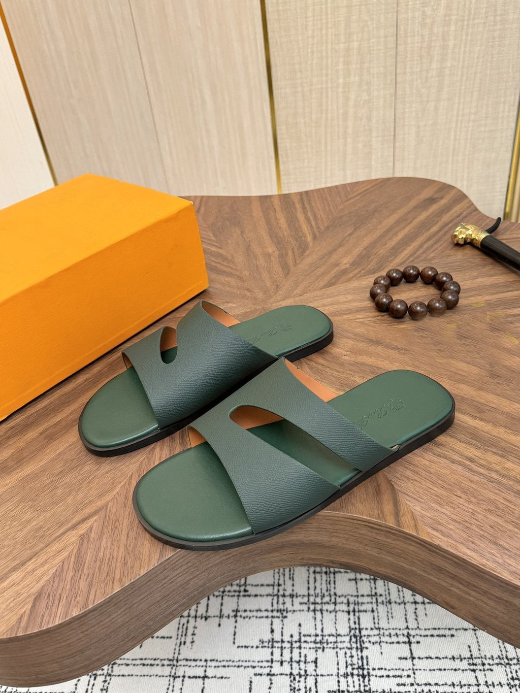 Loro Piana Dark Green Slide Sandals