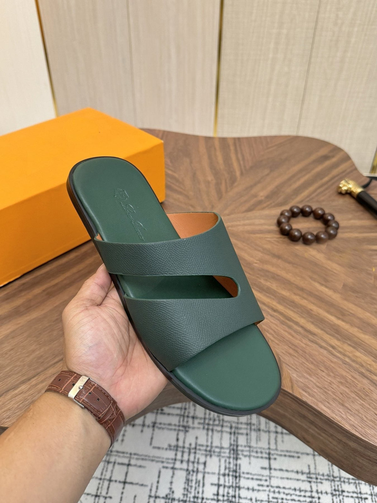 Loro Piana Dark Green Slide Sandals