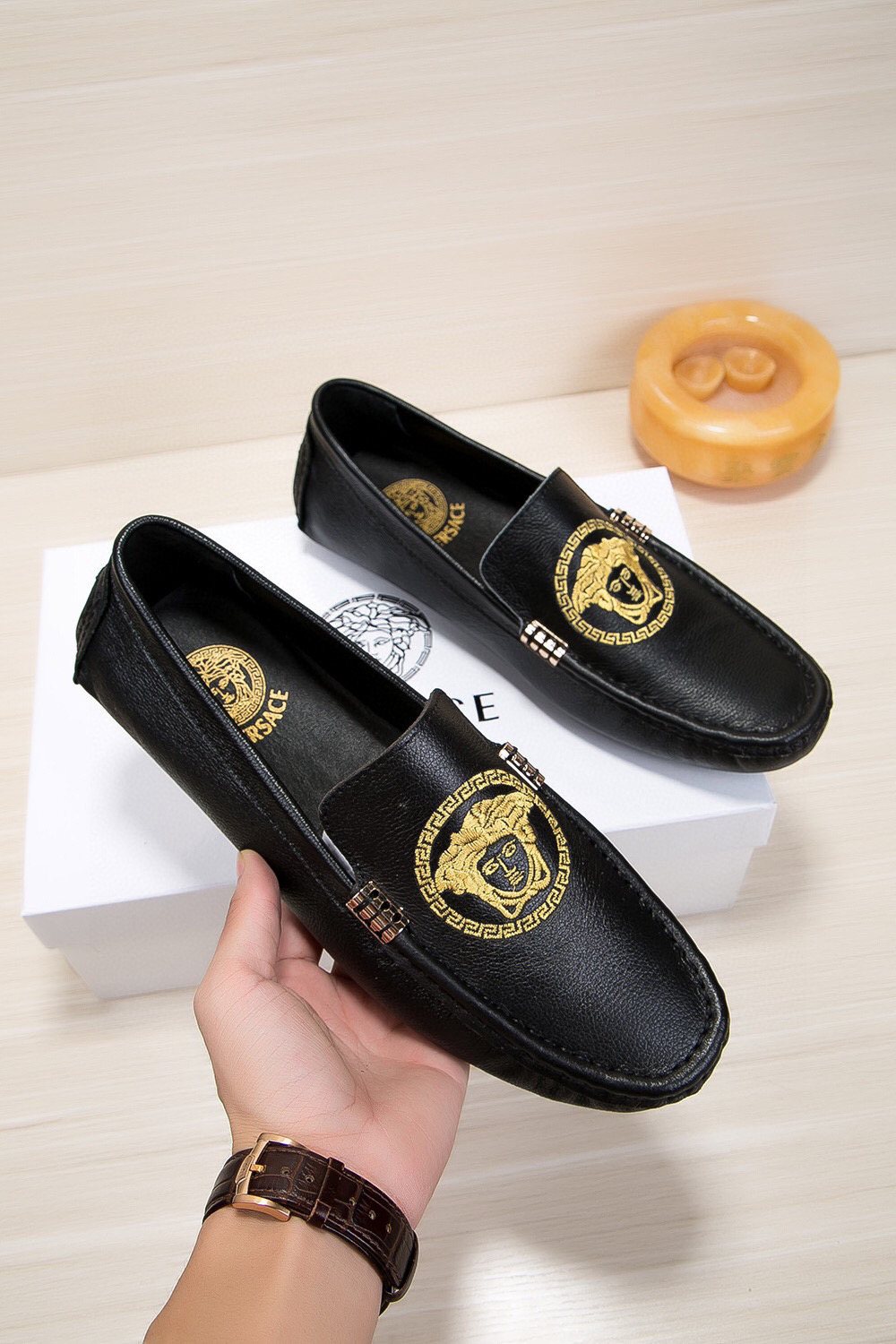 Versace Black Gold Medallion Loafers