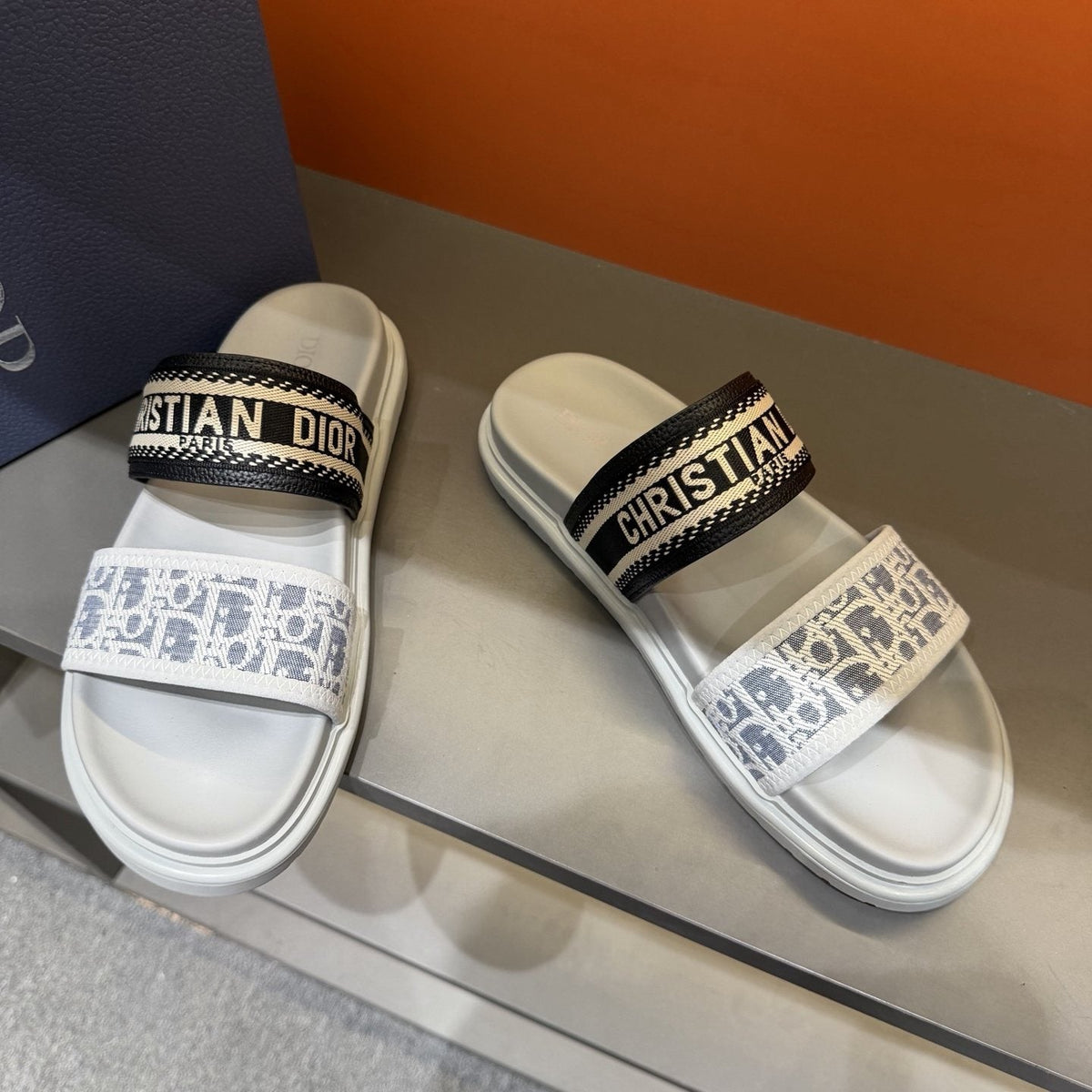 Dior Patterned Two-Strap Slide Sandals