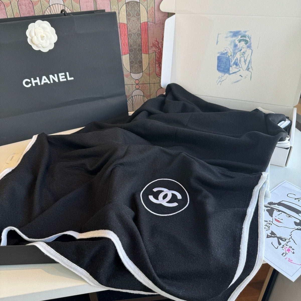 Chanel Contrast-Trim Logo Scarf