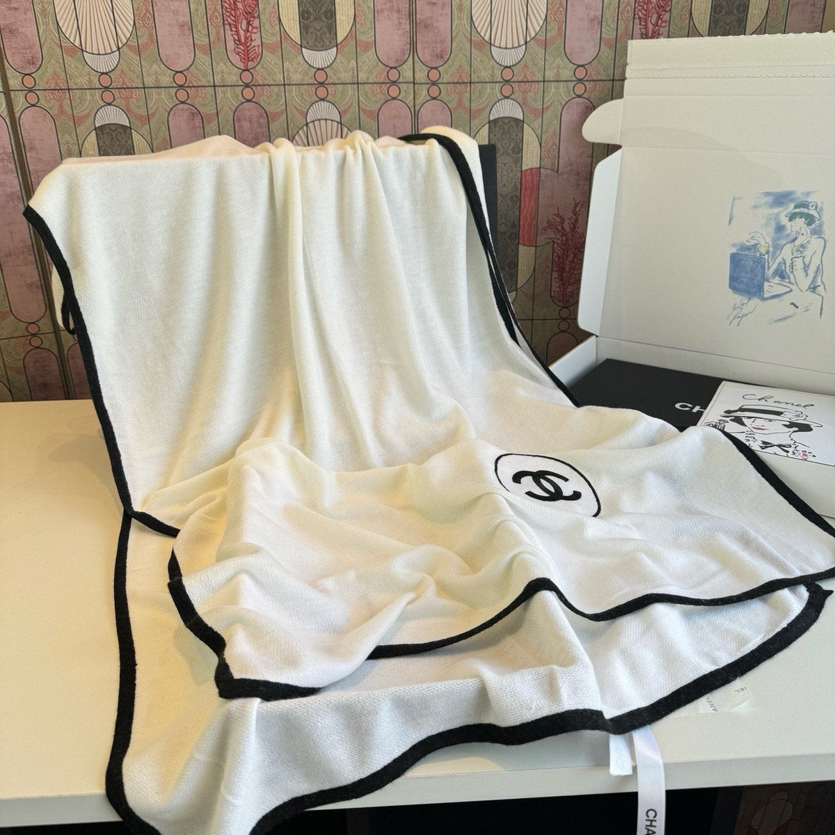 Chanel Contrast-Trim Logo Scarf