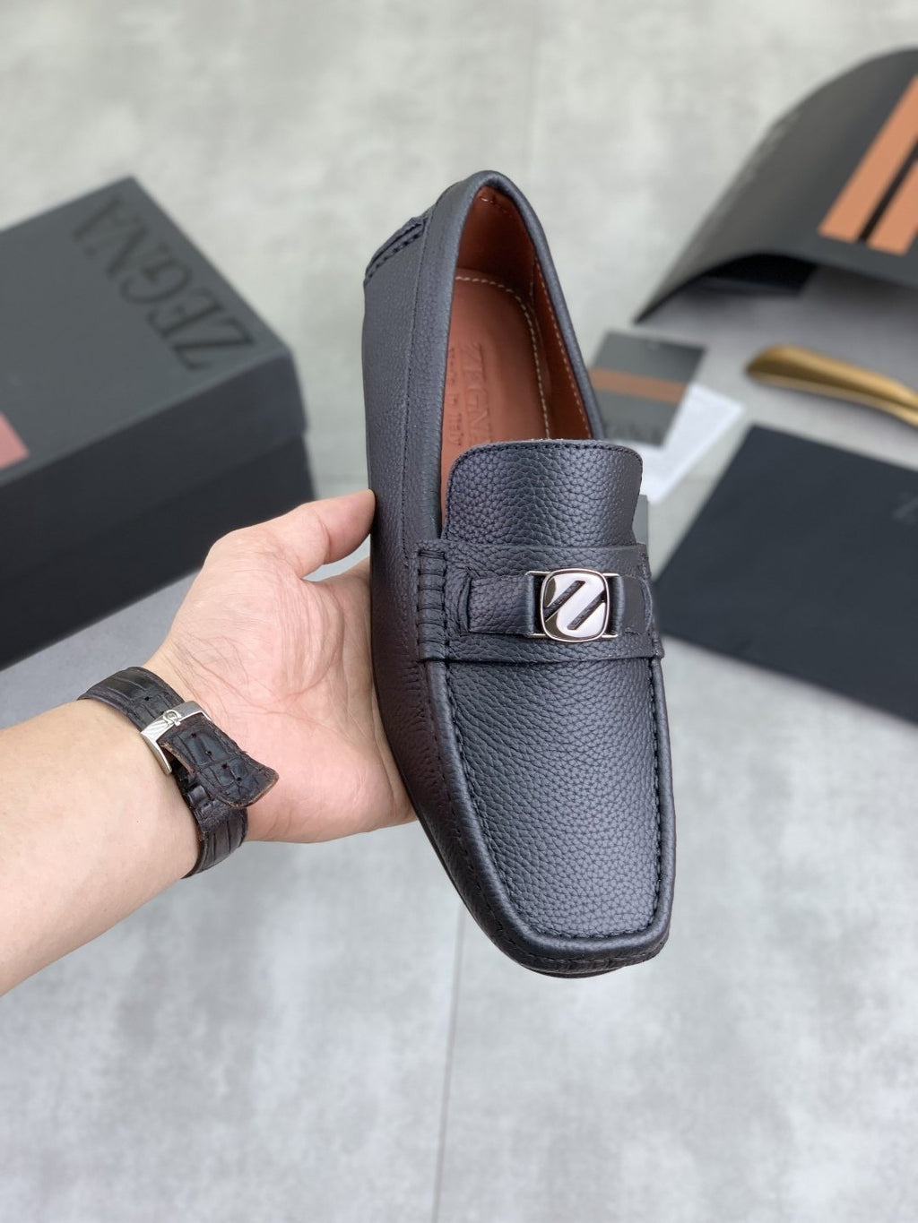 Zegna Square-Toe Leather Loafers